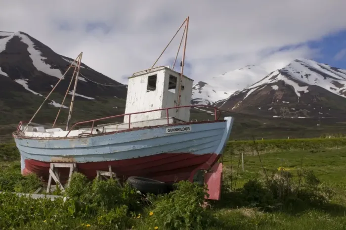 Framed Print : Fishing boat on land, Eyjafjordur, Iceland, Polar Regions Framed Print : Fishing boat on land, Eyjafjordur, Iceland, Polar Regions