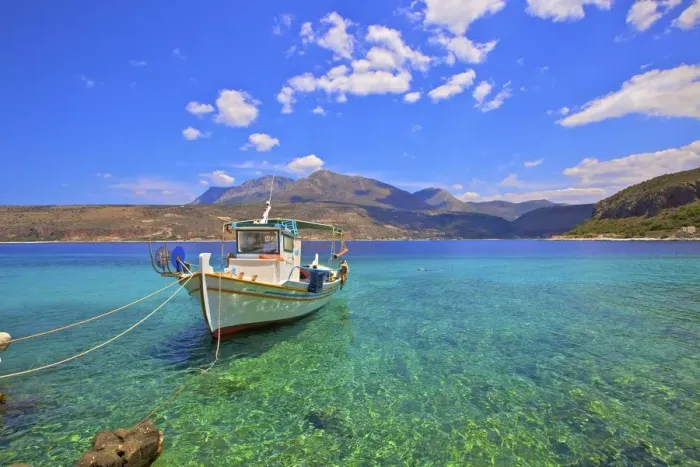 Framed Print : Fishing boat, Limeni, Mani Peninsula, The Peloponnese, Greece, Europe Framed Print : Fishing boat, Limeni, Mani Peninsula, The Peloponnese, Greece, Europe