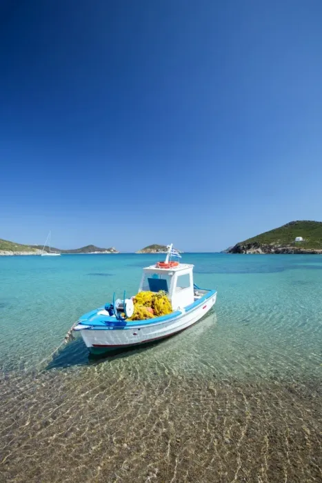 Framed Print : Fishing boat moored on the beach, Patmos Island, Dodecanese, Greek Islands, Greece Framed Print : Fishing boat moored on the beach, Patmos Island, Dodecanese, Greek Islands, Greece