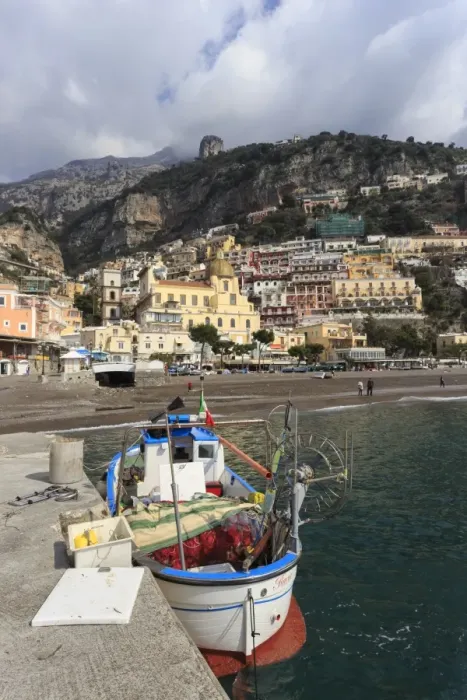 Framed Print : Fishing boat at quayside and Positano town, Costiera Amalfitana (Amalfi Coast), UNESCO Framed Print : Fishing boat at quayside and Positano town, Costiera Amalfitana (Amalfi Coast), UNESCO