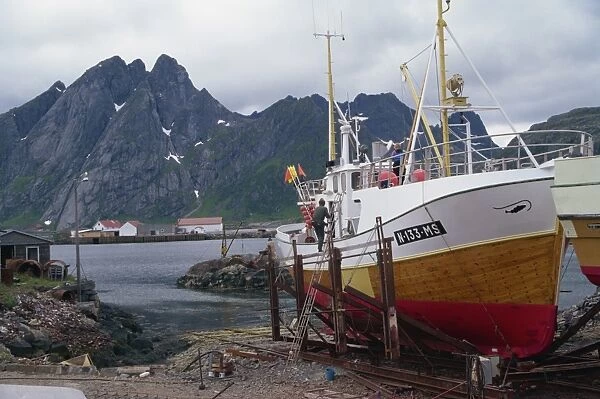 Fishing boat on slips, Sund, Lofoten Islands, Norway, Scandinavia, Europe