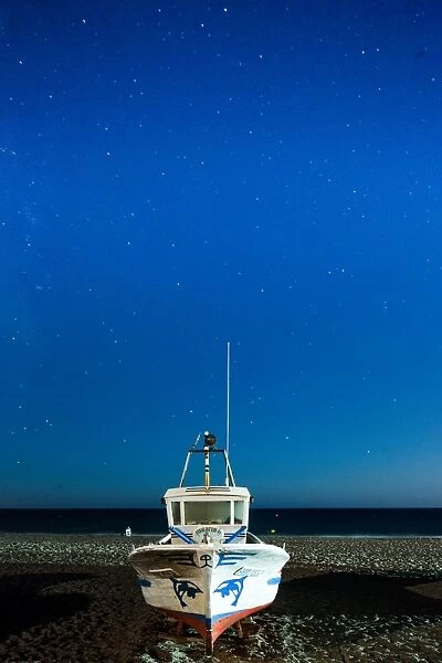Fishing boat under the stars, Cabo de Gata, Andalusia, Spain, Europe