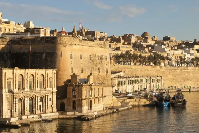 Framed Print : Fishing boats at the Barriera Wharf and Grand Harbour fortifications in the golden early morning, Valletta, Malta, Mediterranean, Europe