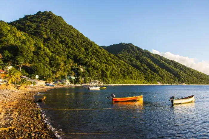 Framed Print : Fishing boats in the Bay of Soufriere, Dominica, West Indies, Caribbean, Central America Framed Print : Fishing boats in the Bay of Soufriere, Dominica, West Indies, Caribbean, Central America