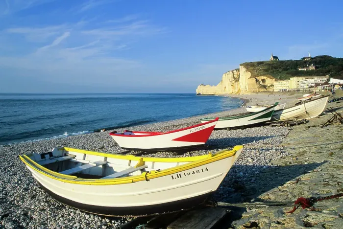 Framed Print : Fishing boats on the beach of Etretat, Cote d'Albatre, Pays de Caux, Seine-Maritime department, Upper Normandy region, France, Europe