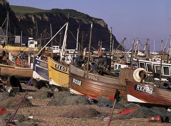 Fishing boats on the beach, Hastings, East Sussex, England, United Kingdom, Europe