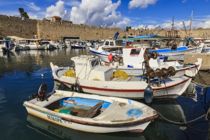 Framed Print : Fishing boats, Commercial harbour and Medieval walls, Old Rhodes Town, UNESCO World Heritage Site Framed Print : Fishing boats, Commercial harbour and Medieval walls, Old Rhodes Town, UNESCO World Heritage Site