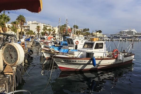 Fishing boats and cruise ship, harbour, Kos Town, Kos, Dodecanese, Greek Islands
