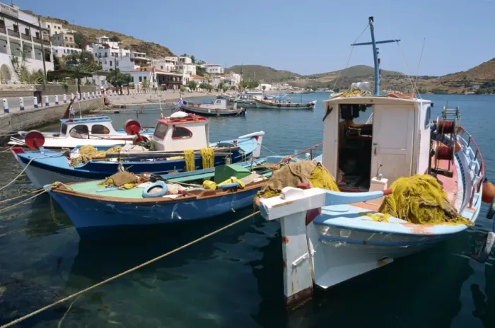 Framed Print : Fishing boats in the harbor at Skala on Patmos Framed Print : Fishing boats in the harbor at Skala on Patmos