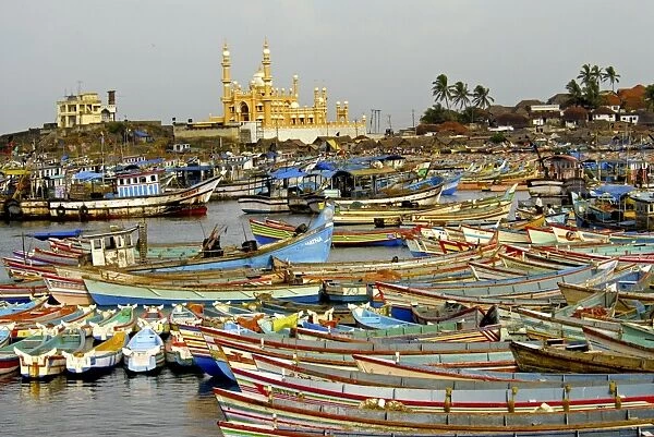 Fishing boats in harbour, coastal area of Vizhinjam, Trivandrum, Kerala, India