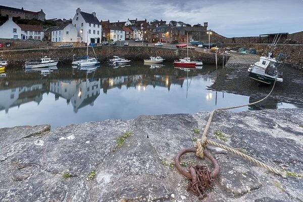 Fishing boats in the harbour at Crail at dusk, Fife, East Neuk, Scotland, United Kingdom