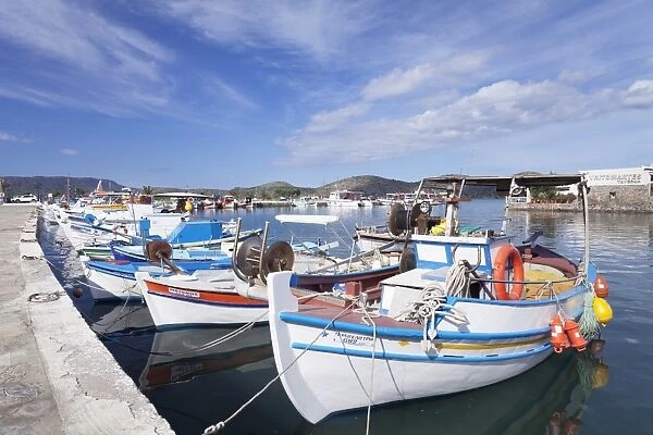 Fishing boats and harbour, Elounda, Lasithi, Gulf of Mirabello, Crete, Greek Islands, Greece, Europe
