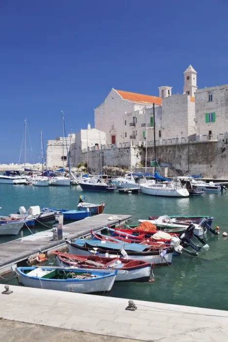 Framed Print : Fishing boats at the harbour, old town with cathedral, Giovinazzo, Bari district Framed Print : Fishing boats at the harbour, old town with cathedral, Giovinazzo, Bari district