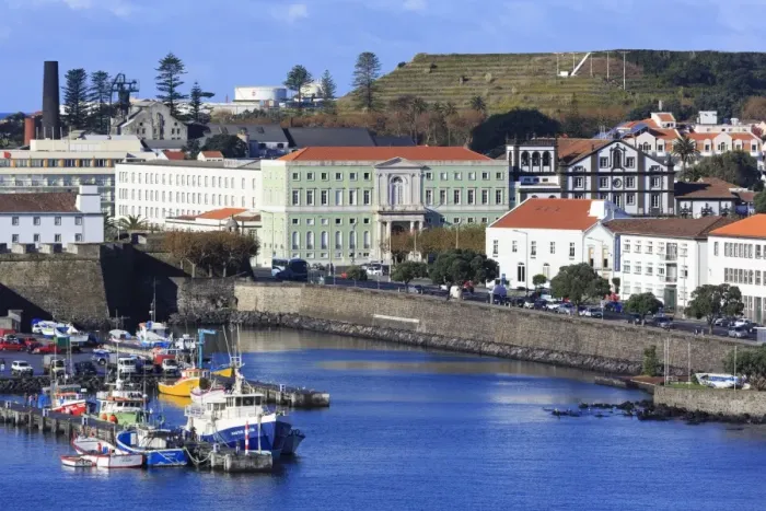 Framed Print : Fishing boats in harbour, Ponta Delgada City, Sao Miguel Island, Azores, Portugal, Atlantic, Europe Framed Print : Fishing boats in harbour, Ponta Delgada City, Sao Miguel Island, Azores, Portugal, Atlantic, Europe