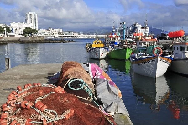 Fishing boats in harbour, Ponta Delgada Port, Sao Miguel Island, Azores, Portugal, Atlantic, Europe