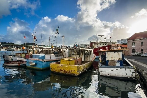 Fishing boats in the harbour of St. Georges, capital of Grenada, Windward Islands, West Indies, Caribbean, Central America