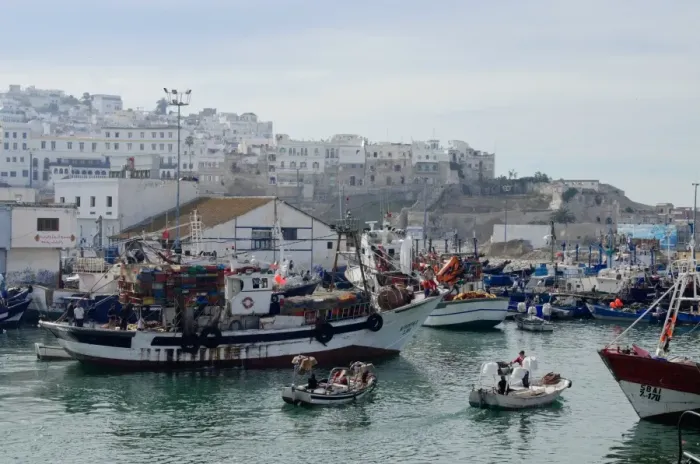 Framed Print : Fishing boats leaving Tangier fishing harbour, Tangier, Morocco, North Africa, Africa