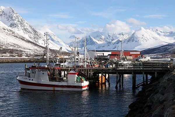 Fishing boats and Lyngen Alps, Troms, Norway, Scandinavia, Europe