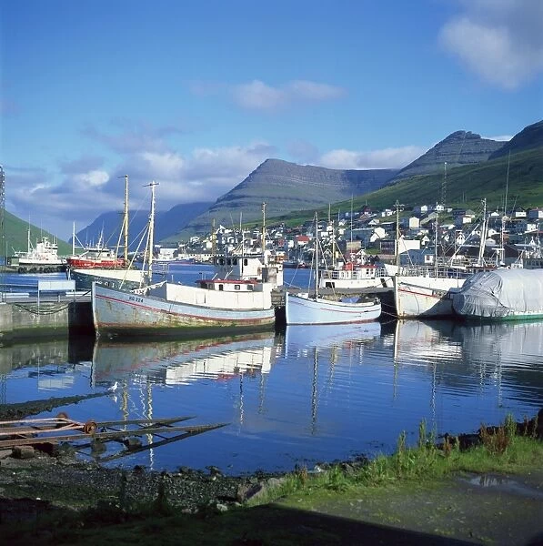 Fishing boats moored in the harbour at Klaksvik, Faroe Islands, Denmark, Europe