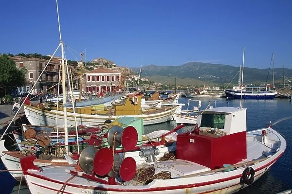 Fishing boats moored in harbour at Molyvos