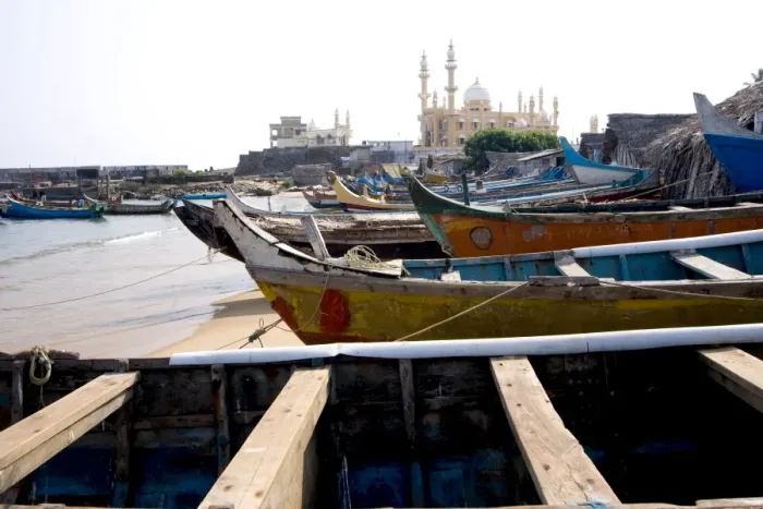 Framed Print : Fishing boats with a mosque in the background, Vizhinjam, Trivandrum, Kerala, India, Asia Framed Print : Fishing boats with a mosque in the background, Vizhinjam, Trivandrum, Kerala, India, Asia
