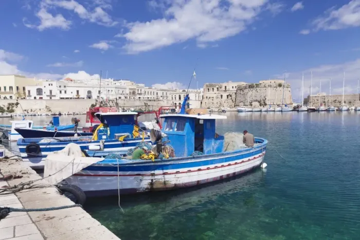 Framed Print : Fishing boats at the port, old town with castle, Gallipoli, Lecce province, Salentine Peninsula Framed Print : Fishing boats at the port, old town with castle, Gallipoli, Lecce province, Salentine Peninsula