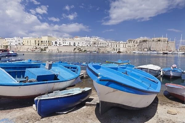 Fishing boats at the port, old town with castle, Gallipoli, Lecce province, Salentine Peninsula