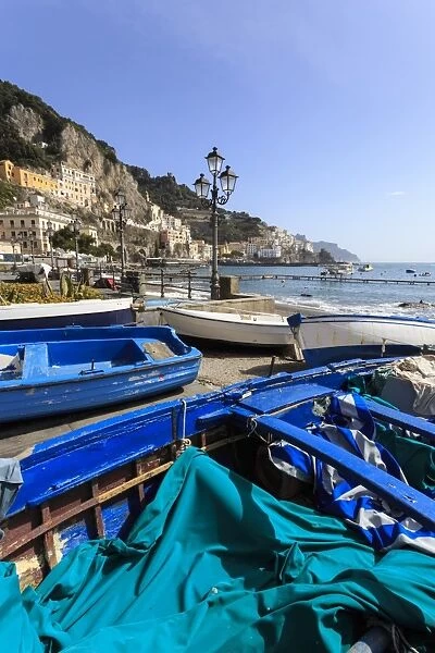 Fishing boats on shore, Amalfi waterfront, Costiera Amalfitana (Amalfi Coast), UNESCO
