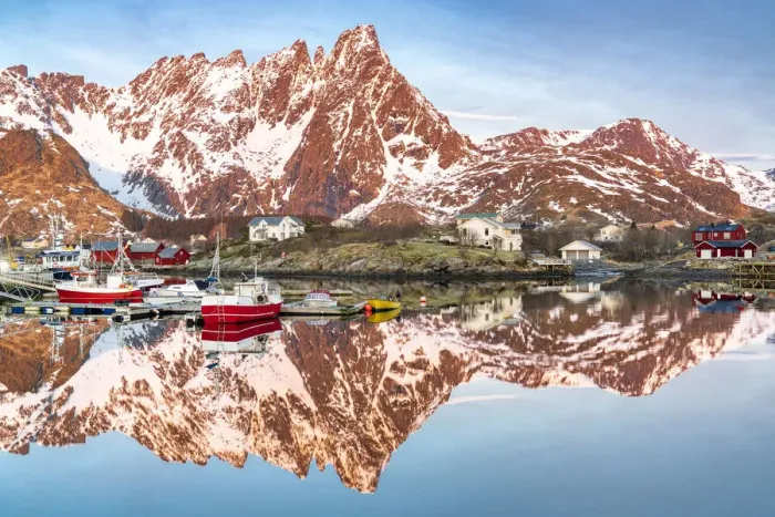 Framed Print : Fishing boats and snowcapped mountains mirrored in the fjord at sunrise, Ballstad, Vestvagoy, Lofoten Islands, Norway, Scandinavia, Europe Framed Print : Fishing boats and snowcapped mountains mirrored in the fjord at sunrise, Ballstad, Vestvagoy, Lofoten Islands, Norway, Scandinavia, Europe