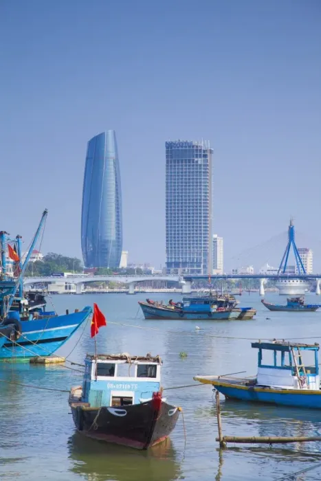 Framed Print : Fishing boats on Song River and city skyline, Da Nang, Vietnam, Indochina, Southeast Asia, Asia Framed Print : Fishing boats on Song River and city skyline, Da Nang, Vietnam, Indochina, Southeast Asia, Asia