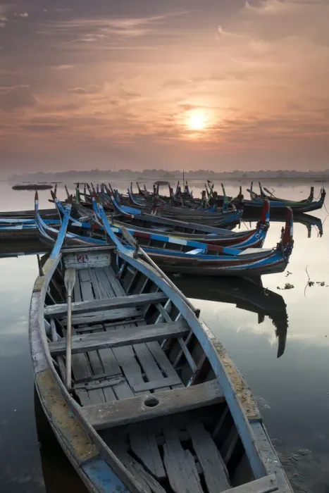 Framed Print : Fishing boats at sunrise on Lake Taungthaman near Amarapura, Myanmar (Burma), Asia Framed Print : Fishing boats at sunrise on Lake Taungthaman near Amarapura, Myanmar (Burma), Asia