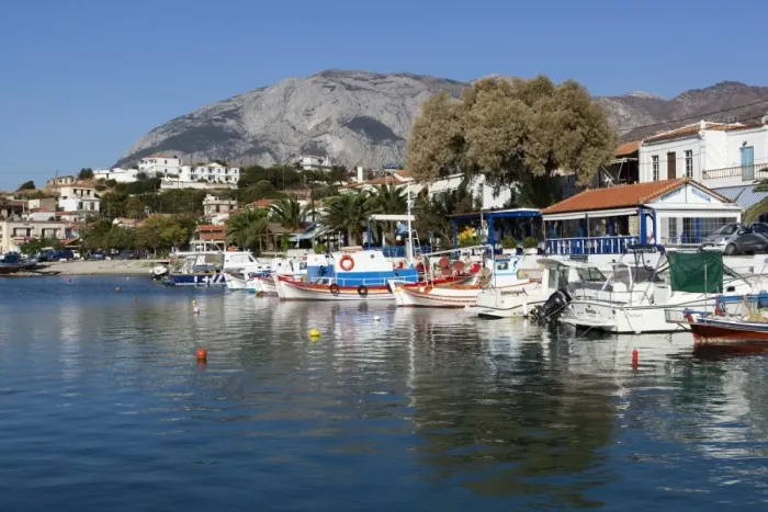 Framed Print : Fishing harbour and Mount Kerketeas, Ormos Marathokampos, Samos, Aegean Islands, Greece Framed Print : Fishing harbour and Mount Kerketeas, Ormos Marathokampos, Samos, Aegean Islands, Greece