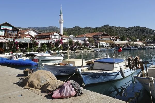 Fishing harbour and restaurants, Ucagiz, near Kas, Lycia, Antalya Province, Mediterranean Coast, Southwest Turkey, Turkey, Asia Minor, Eurasia