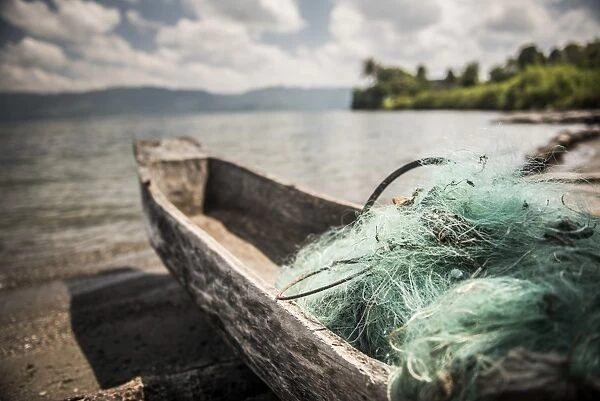 Fishing nets in a fishing boat on Lake Toba (Danau Toba), North Sumatra, Indonesia