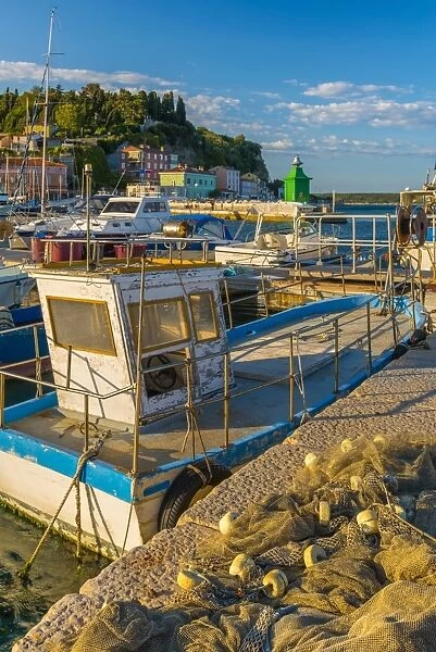 Fishing nets and fishing boat, Old Town Harbour, Piran, Primorska, Slovenian Istria, Slovenia, Europe