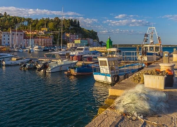 Fishing nets and fishing boats, Old Town Harbour, Piran, Primorska, Slovenian Istria, Slovenia, Europe