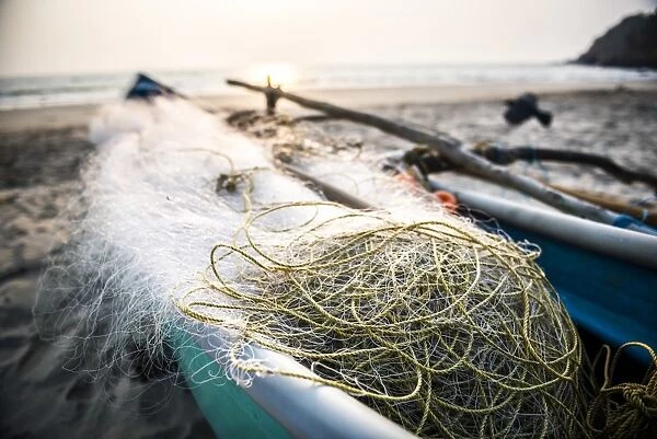 Fishing nets at sunset, Talpona Beach, South Goa, India, Asia