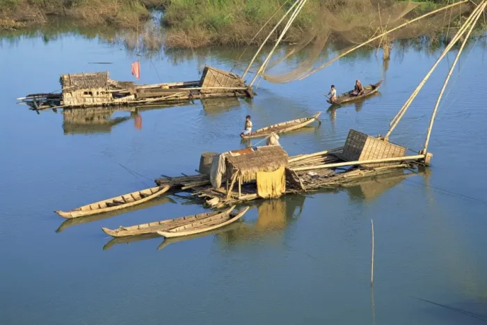 Framed Print : Fishing rafts and fishermen on canoes in Cambodia, Indochina, Southeast Asia, Asia Framed Print : Fishing rafts and fishermen on canoes in Cambodia, Indochina, Southeast Asia, Asia