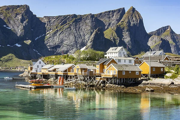 Fishing village on Reinefjorden, Saknesoya, Lofoten Islands, Norway, Scandinavia, Europe