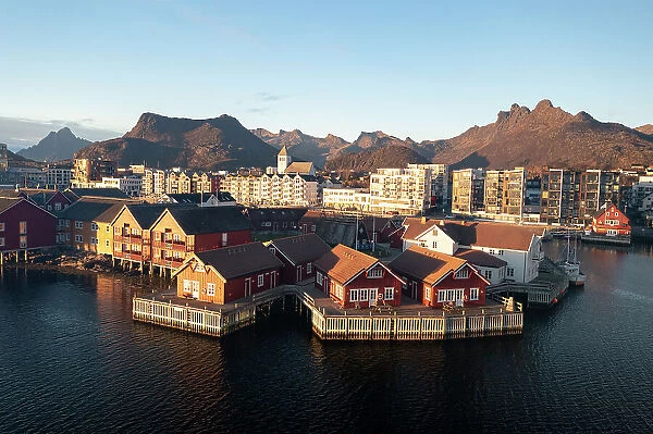 Fishing village and town of Svolvaer at sunrise in autumn, aerial view, Lofoten Islands, Nordland, Norway, Scandinavia, Europe