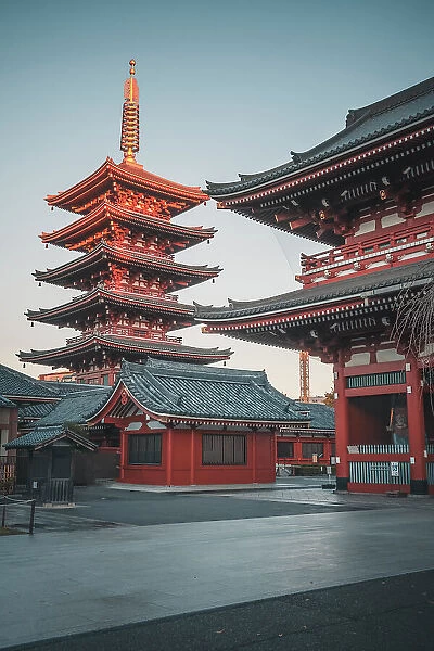 Five-Storied Pagoda at sunrise in the Senso-ji temple, Tokyo, Honshu, Japan, Asia