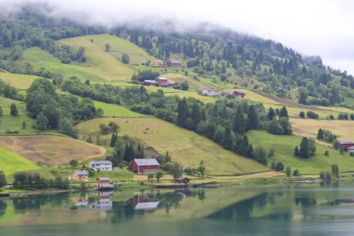 Framed Print : Fjordside houses and wooded hills with low cloud, Nordfjord, Olden, Norway, Scandinavia, Europe Framed Print : Fjordside houses and wooded hills with low cloud, Nordfjord, Olden, Norway, Scandinavia, Europe
