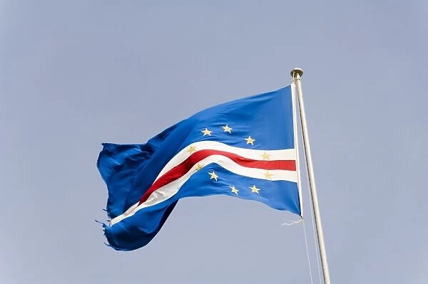 Flag in the old city of Praia on the Plateau, Praia, Santiago, Cape Verde Islands, Africa