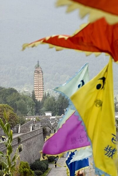 Flags and Pagoda, Dali, Yunnan, China, Asia