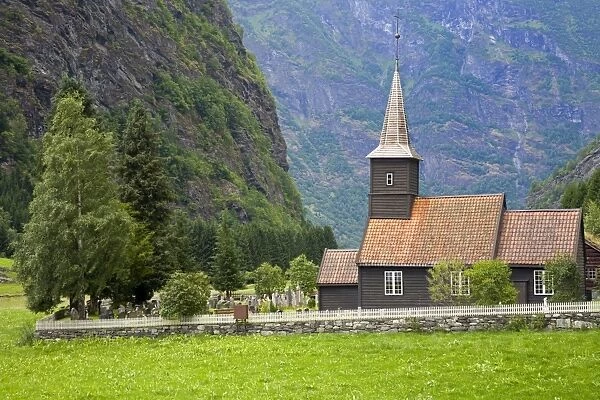 Flam church dating from 1670 in Flamsdalen Valley, Flam, Sognefjorden, Western Fjords