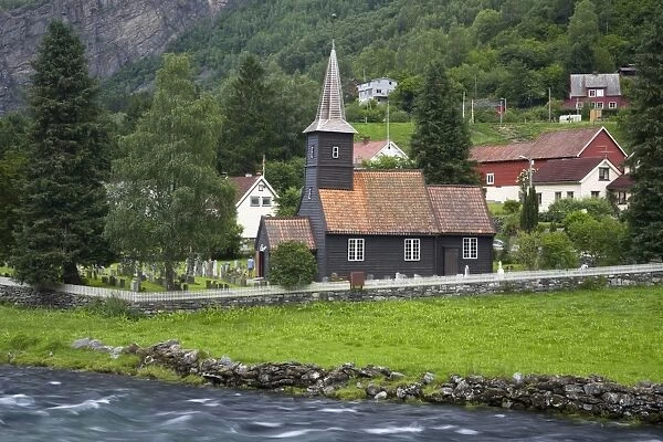 Flam church dating from 1670, and Flamsdalen Valley River, Flam, Sognefjorden