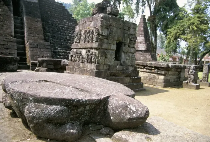 Framed Print : Flat backed turtle dias in front of main temple of Candi Sukuh Framed Print : Flat backed turtle dias in front of main temple of Candi Sukuh