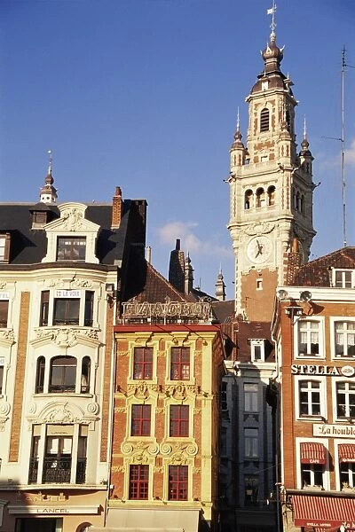 Flemish houses and belfry of the Nouvelle Bourse, Grand Place, Lille, Nord