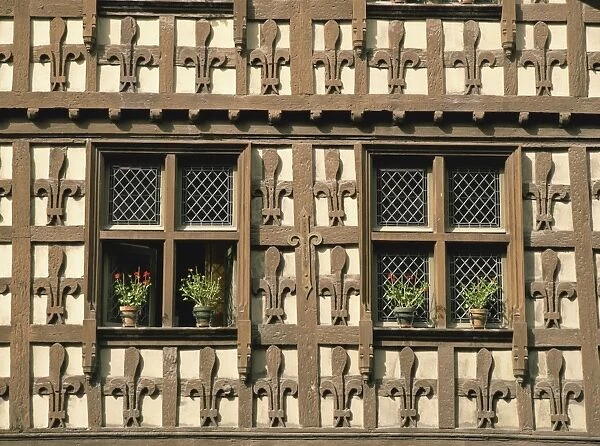 Detail of fleur-de-lys motif carved in wood on the timber framed Market Hall in the village of Arreau, Midi-Pyrenees