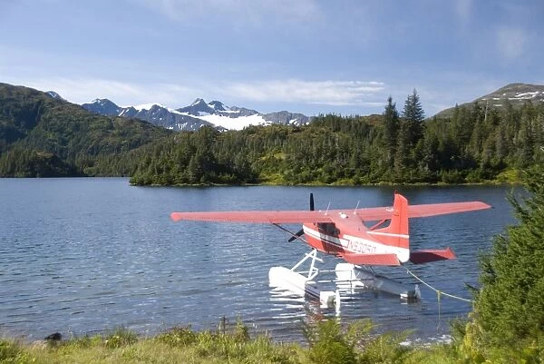 Float plane parked at lake side, Shrode Lake, Prince William Sound, Alaska